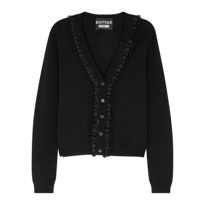 Shop Boutique Moschino Black Lace-trimmed Jersey Cardigan