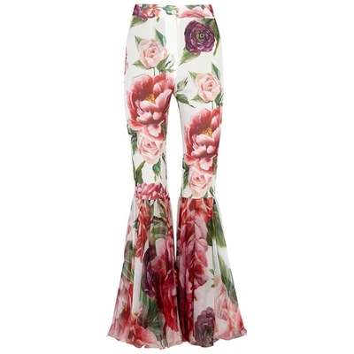 Shop Dolce & Gabbana Floral-print Stretch-silk Trousers In White