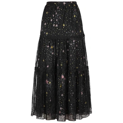 Shop Boutique Moschino Printed Lace And Satin Midi Skirt In Black