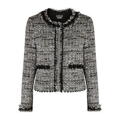 Shop Boutique Moschino Lace-trimmed Tweed Jacket In Grey