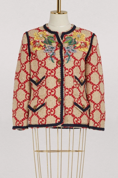 Shop Gucci Embroidered Jacket In Beige/red