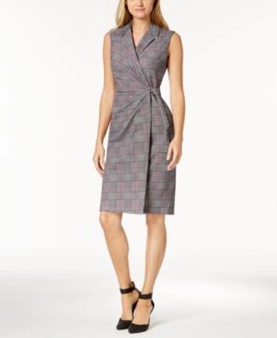 Shop Calvin Klein Houndstooth Faux-wrap Dress In Fire Multi