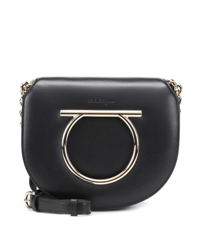 Shop Ferragamo Gancini Leather Shoulder Bag In Black