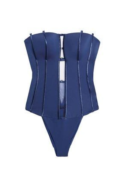 Shop La Perla Woman Strapless Cutout Satin-appliqued Mesh-paneled Stretch-knit Swimsuit Navy