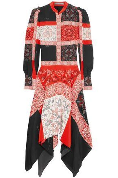 Shop Alexander Mcqueen Asymmetric Printed Silk Midi Dress In Red