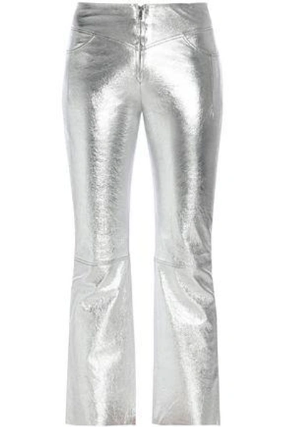 Shop Sandro Iggy Cropped Metallic Textured-leather Bootcut Pants In Silver