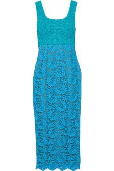 Shop Moschino Two-tone Crochet-knit And Corded Lace Midi Dress In Turquoise