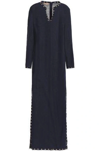 Shop Michael Kors Collection Woman Eyelet-embellished Linen Maxi Dress Navy