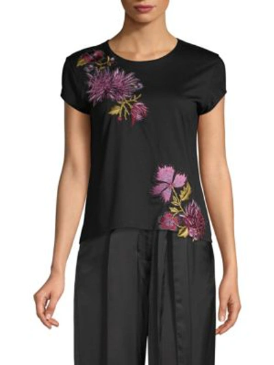 Shop Josie Natori Floral-embroidered Tee In Black Pink