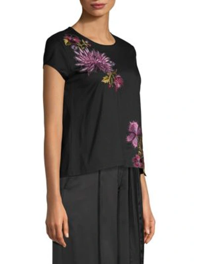 Shop Josie Natori Floral-embroidered Tee In Black Pink