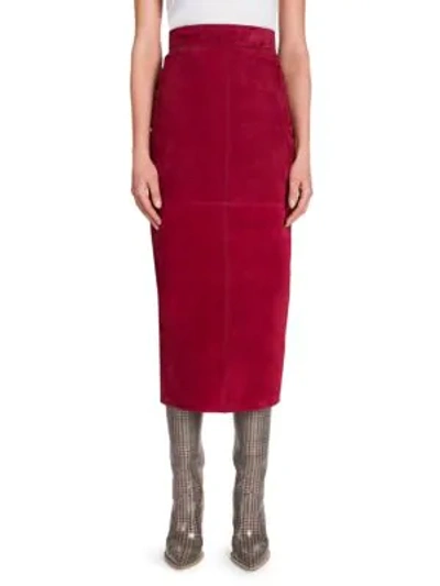 Shop Fendi Suede Midi Pencil Skirt In Bright Red