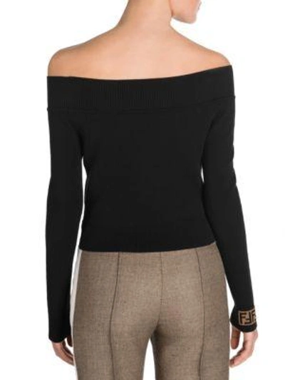 Shop Fendi Off-the-shoulder Knit Logo Trim Sweater In Black