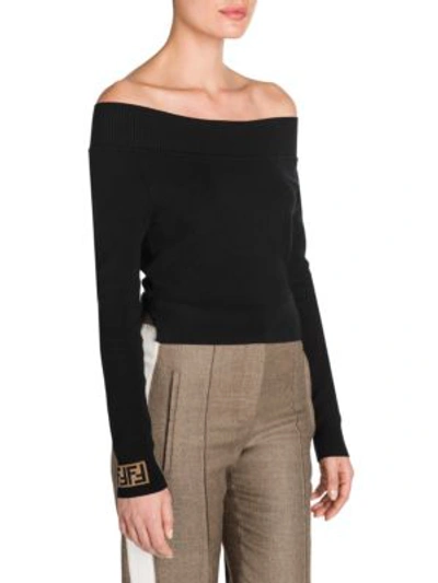 Shop Fendi Off-the-shoulder Knit Logo Trim Sweater In Black