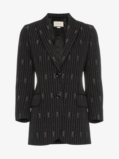 Shop Gucci Pin Stripe Logo Embroidered Wool Silk-blend Blazer In Black