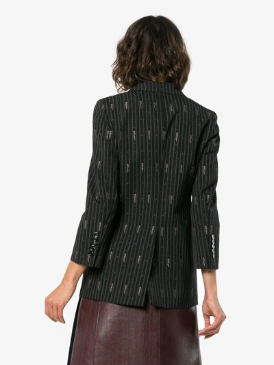 Shop Gucci Pin Stripe Logo Embroidered Wool Silk-blend Blazer In Black