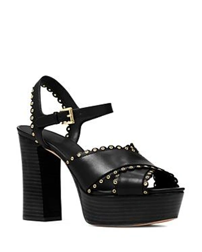 Shop Michael Michael Kors Women's Jessie Scalloped Leather Platform Block Heel Sandals In Black