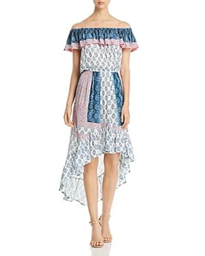 Shop Tolani Mixed-print Off-the-shoulder Dress In Indigo