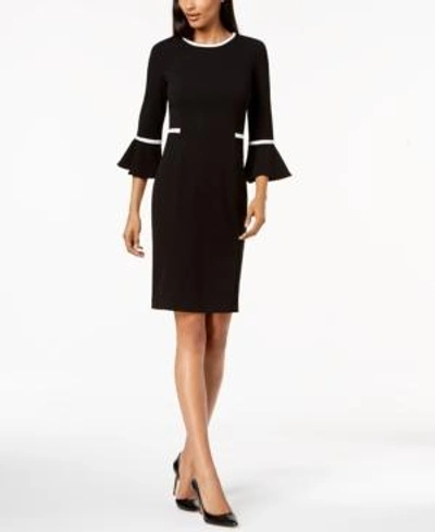 Shop Calvin Klein Petite Piped Bell-sleeve Sheath Dress In Black/cream