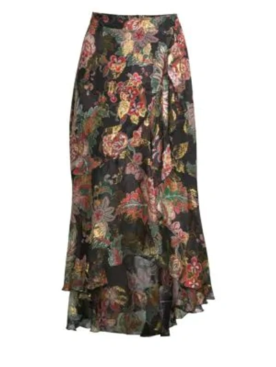 Shop The Kooples Floral Frill Silk Midi Skirt In Black