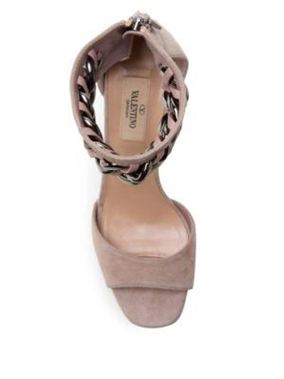 Shop Valentino Metal-weave Suede Block Heel Sandals In Powder