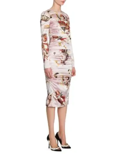 Shop Dolce & Gabbana Cherub Print Satin Bodycon Dress In Pink