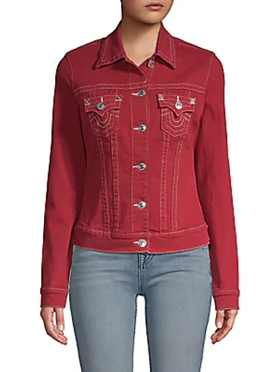 Shop True Religion Cropped Denim Trucker Jacket In Ruby Red