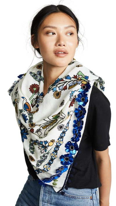Shop Tory Burch Meadow Sweet Embroidered Oblong Scarf In Ivory Meadow Sweet