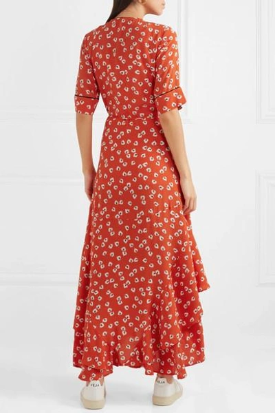 Shop Ganni Floral-print Crepe De Chine Wrap Maxi Dress In Red