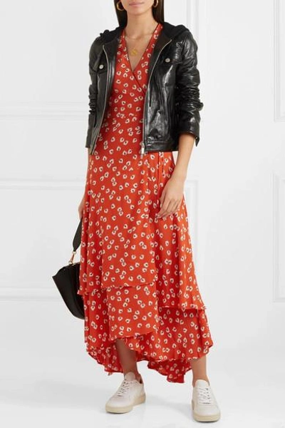 Shop Ganni Floral-print Crepe De Chine Wrap Maxi Dress In Red