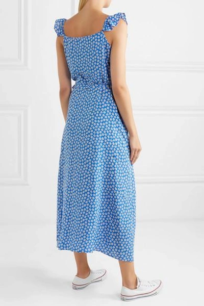 Shop Madewell Ruffled Floral-print Crepe De Chine Dress In Blue