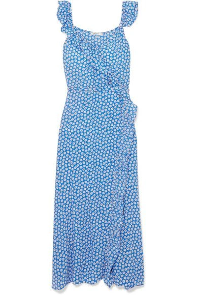 Shop Madewell Ruffled Floral-print Crepe De Chine Dress In Blue