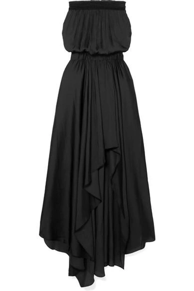 Shop Halston Heritage Smocked Plissé-satin Gown In Black