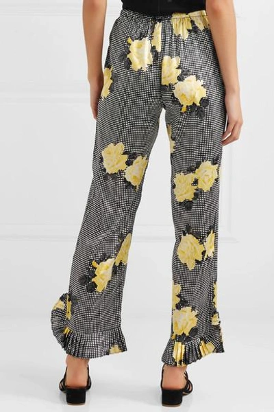 Shop Ganni Ruffle-trimmed Printed Silk-blend Straight-leg Pants In Black