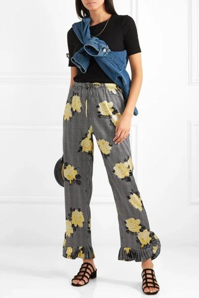 Shop Ganni Ruffle-trimmed Printed Silk-blend Straight-leg Pants In Black