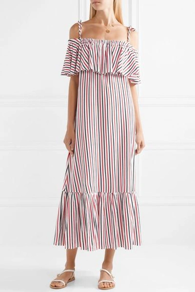 Shop Mds Stripes Rebecca Off-the-shoulder Ruffled Striped Cotton-jersey Midi Dress In Red