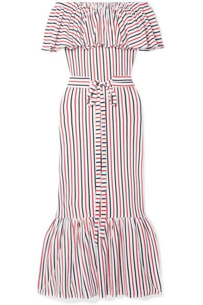 Shop Mds Stripes Rebecca Off-the-shoulder Ruffled Striped Cotton-jersey Midi Dress In Red