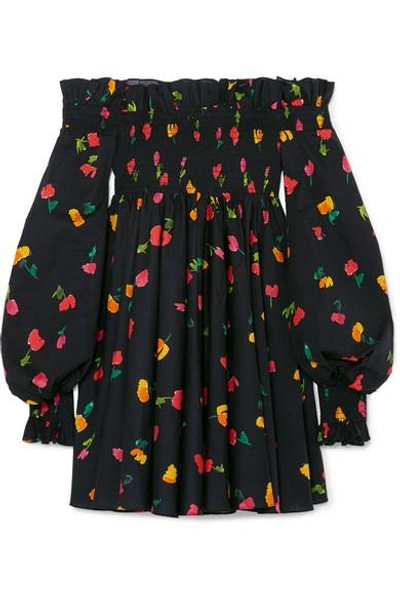 Shop Caroline Constas Kora Off-the-shoulder Printed Cotton-blend Mini Dress In Black