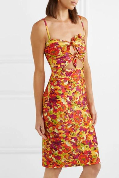 Shop Adriana Degreas Printed Cutout Stretch-crepe Dress In Yellow