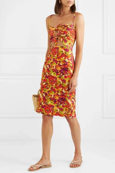 Shop Adriana Degreas Printed Cutout Stretch-crepe Dress In Yellow