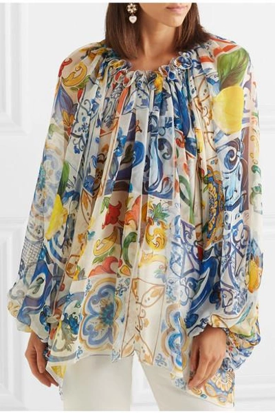 Shop Dolce & Gabbana Printed Silk-chiffon Blouse In Blue