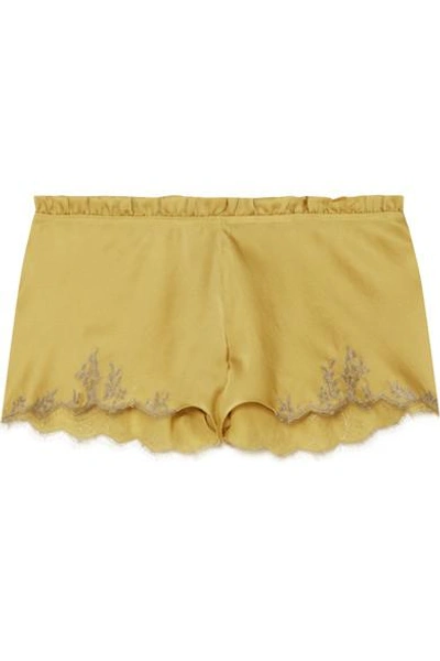 Shop Carine Gilson Flottant Chantilly Lace-trimmed Silk-satin Shorts In Mustard