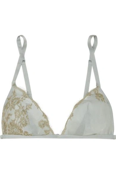 Shop Carine Gilson Chantilly Lace-trimmed Silk-satin Soft-cup Triangle Bra In Sky Blue