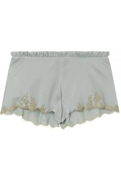 Shop Carine Gilson Flottant Chantilly Lace-trimmed Silk-satin Shorts In Sky Blue