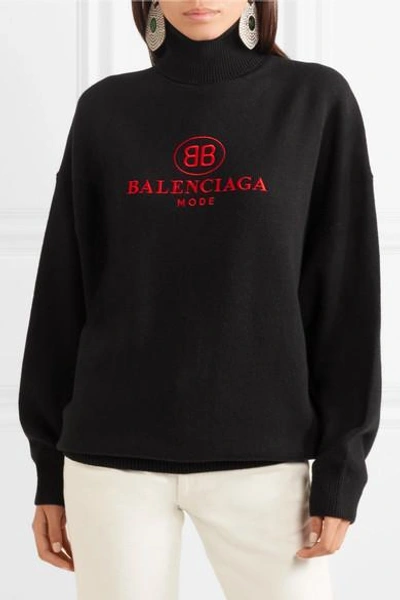 Shop Balenciaga Embroidered Wool And Cashmere-blend Turtleneck Sweater In Black
