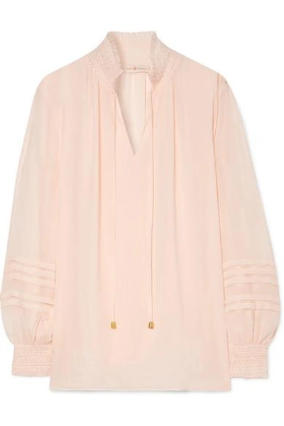 Shop Tory Burch Haley Shirred Silk Blouse In Pink