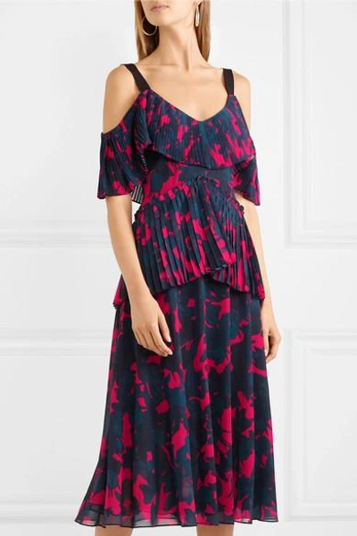 Shop Jason Wu Cold-shoulder Pleated Floral-print Chiffon Midi Dress In Pink