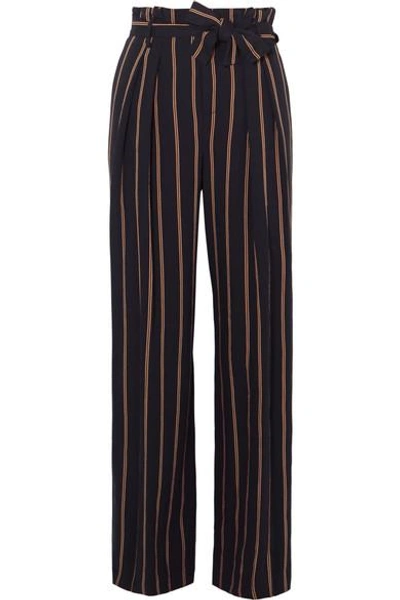 Shop Vince Belted Striped Crepe Wide-leg Pants In Navy