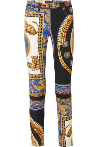 Shop Versace Printed Skinny Jeans In Black