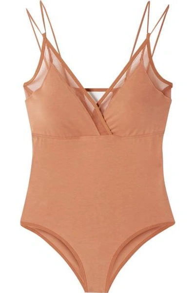 Shop Skin Orchid Tulle-trimmed Stretch Organic Pima Cotton-jersey Bodysuit In Brick
