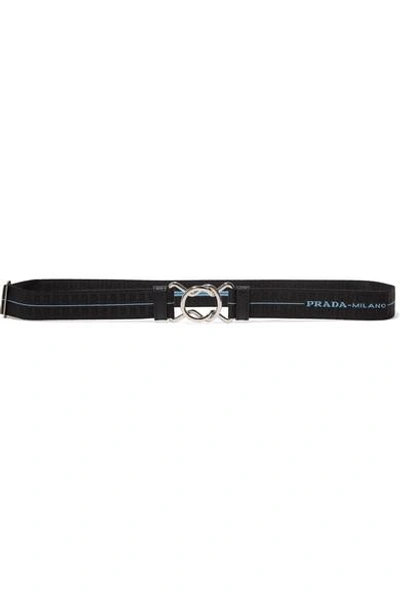 Shop Prada Embroidered Stretch-canvas Waist Belt In Black